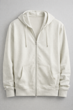 Relaxed fit açık gri kapüşonlu fermuarlı sweatshirt, uzun kollu, pamuk-polyester kumaşlı ve cepsiz tasarımıyla günlük şıklık ve rahatlık sunar.